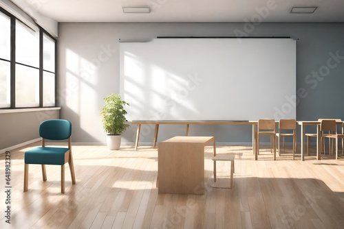  3d rendering Empty classroom with only one chair in front of white board  © Ahtesham