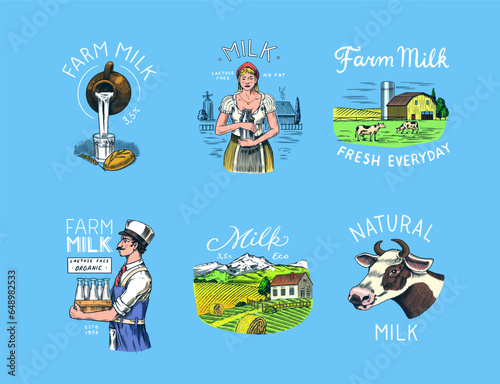 Milk set. Cow and woman farmer, milkmaid and jug, blot and bottles, packaging and meadow, man holds a glass. Vintage logo for shop. Badge for t-shirts. Hand Drawn engrave sketch. Vector illustration.