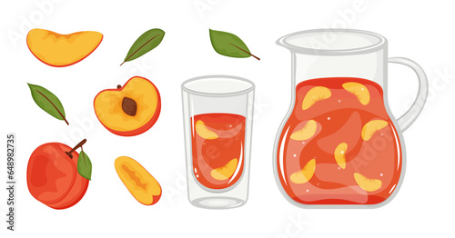 Peach compote of ripe peaches in a decanter. Homemade canned peach compote in glass. Canned fruit. Fruit conservation. Cartoon ctyle. Organic food template. Eco