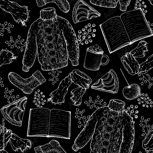 Cozy autumn seamless pattern. Background with wool sweater, open book, scarf, knitted socks, apple pie piece, twigs, warm clothes. Hand drawn vector illustration.