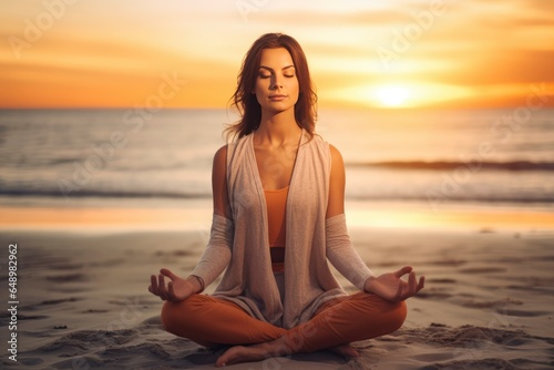 A woman meditating on the beach in a lotus position created with Generative AI technology