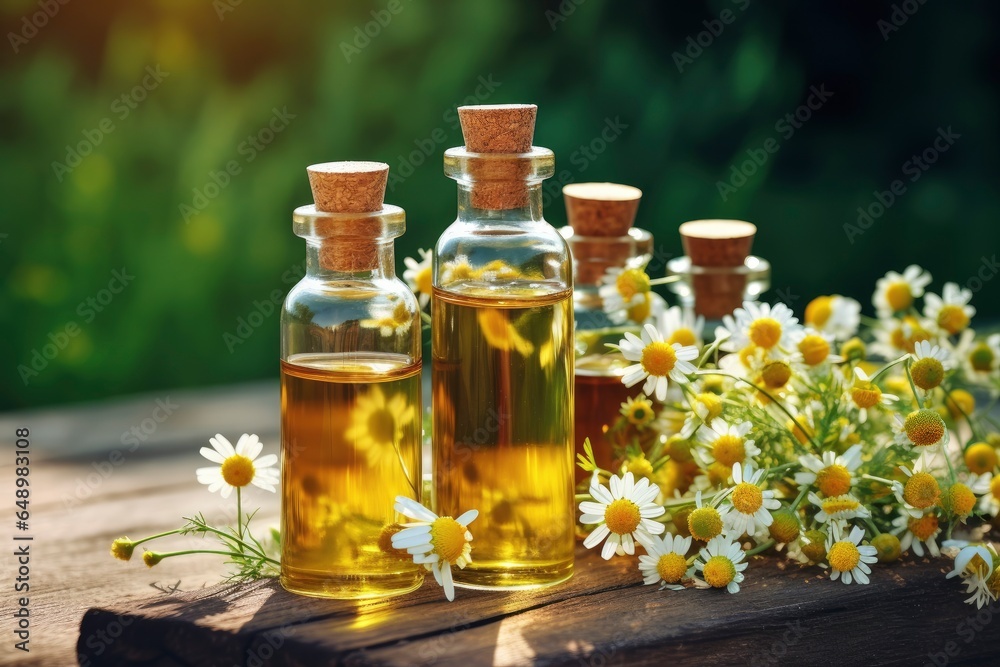 A collection of oil-filled bottles on a rustic wooden table created with Generative AI technology A collection of oil-filled bottles on a rustic wooden table created with Generative AI technology