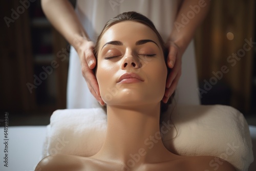 A woman receiving a relaxing head massage at a luxury spa created with Generative AI technology photo