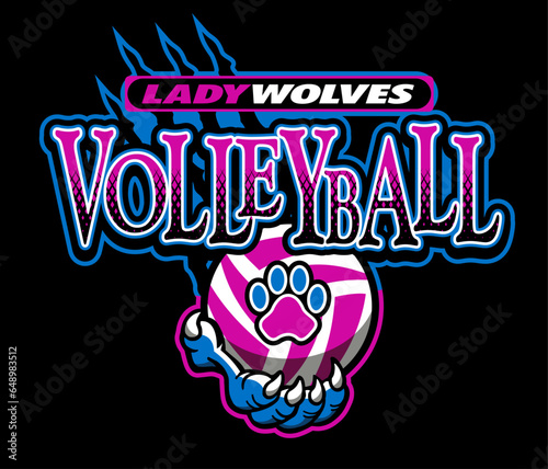 lady wolves volleyball design with claw holding ball for school, college or league sports