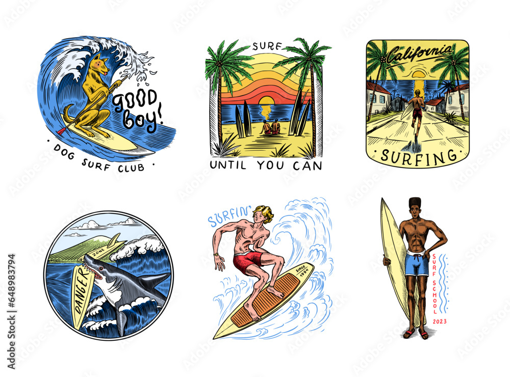 Surf badge, Vintage Surfer logo. Retro Wave and palm. Summer California pins set. Man on the surfboard, beach and sea. Engraved emblem hand drawn. Banner or poster. Sports in Hawaii.