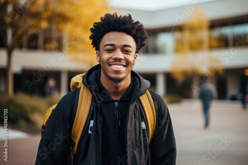 Smiling portrait of a young happy african american male student infont of a university