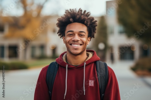 Smiling portrait of a young happy african american male student on a college campus