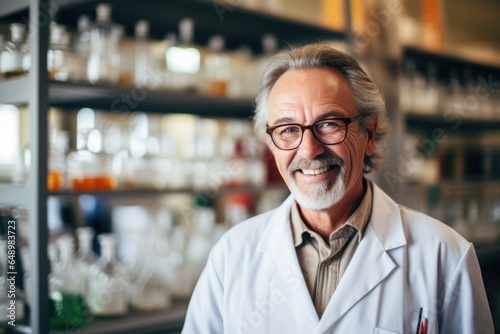 Smiling portrait of a senior male caucasian chemist or pharmacist in a lab