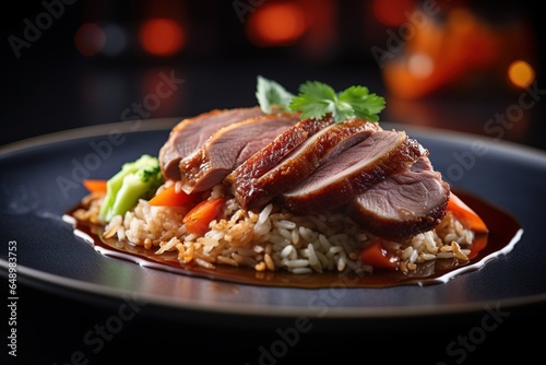 Ente mit Reis, Gemüse und Chop Suey. Essen beim China Restaurant. Chinesische Ente auf Reisbett als leckeres asiatisches Gericht  photo