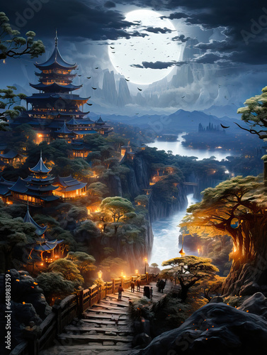Fantasy City Illuminated under a Full Moon