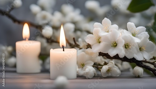 beautiful white flowering branch and 3 white candle lights outside in a garden  floral concept with burning candles decoration for contemplative athmosphere background