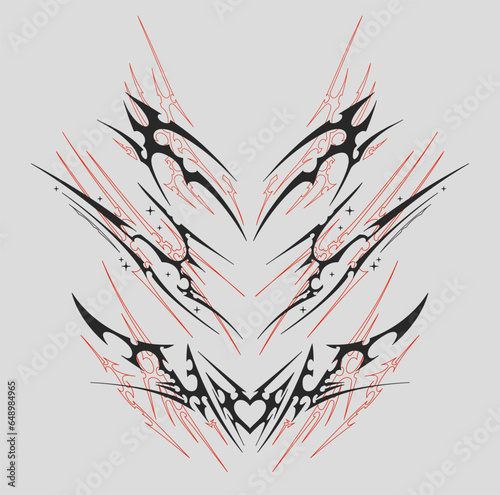 Neo Tribal symmetrical shapes. Cyber sigilism elements, gothic y2k sharp spikes with bones. Vector shape set