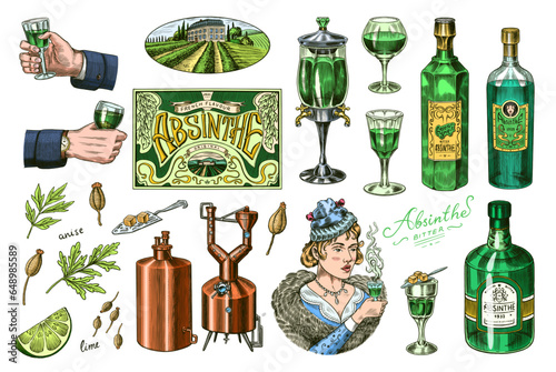 Bottle of Absinthe Glass shot. Woman holding a toast drink. Pot Swan necked copper stills distillery for making alcohol. Label for retro poster. Engraved hand drawn vintage sketch. Woodcut style