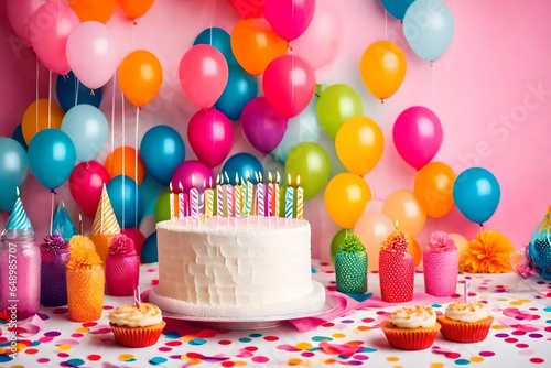 Birthday balloons and happy birthday cake with colorful candles