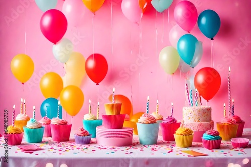 Birthday balloons and happy birthday cake with colorful candles