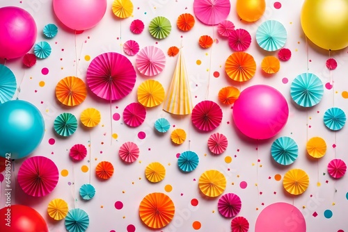 Birthday balloons and happy birthday cake with colorful candles