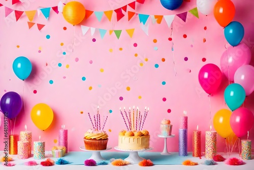 Birthday balloons and happy birthday cake with colorful candles