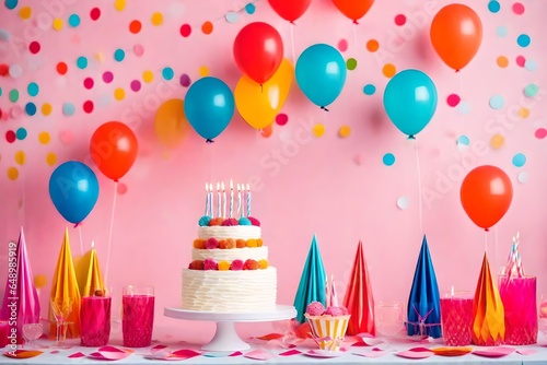 Birthday balloons and happy birthday cake with colorful candles