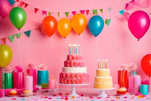 Birthday balloons and happy birthday cake with colorful candles