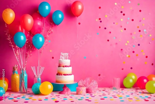 Birthday balloons and happy birthday cake with colorful candles