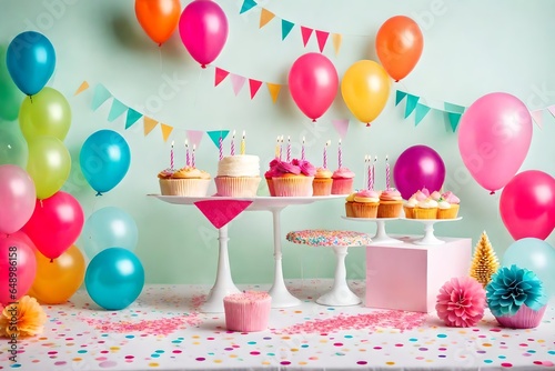 Birthday balloons and happy birthday cake with colorful candles