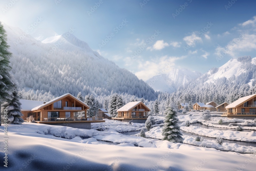 chalets at a park with a snow cover