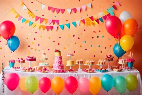 Birthday balloons and happy birthday cake with colorful candles