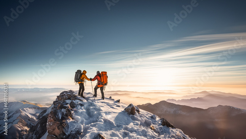 Friends hiking on snow covered mountain against sky © CK