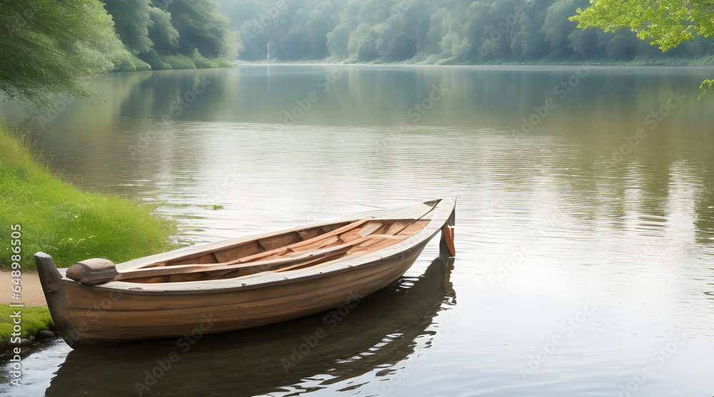 Serene Bliss, A Captivating Image of a Weathered Wooden Boat Gently Adrift on the Still Waters of a Tranquil River, Surrounded by Nature's Peace and Reflections