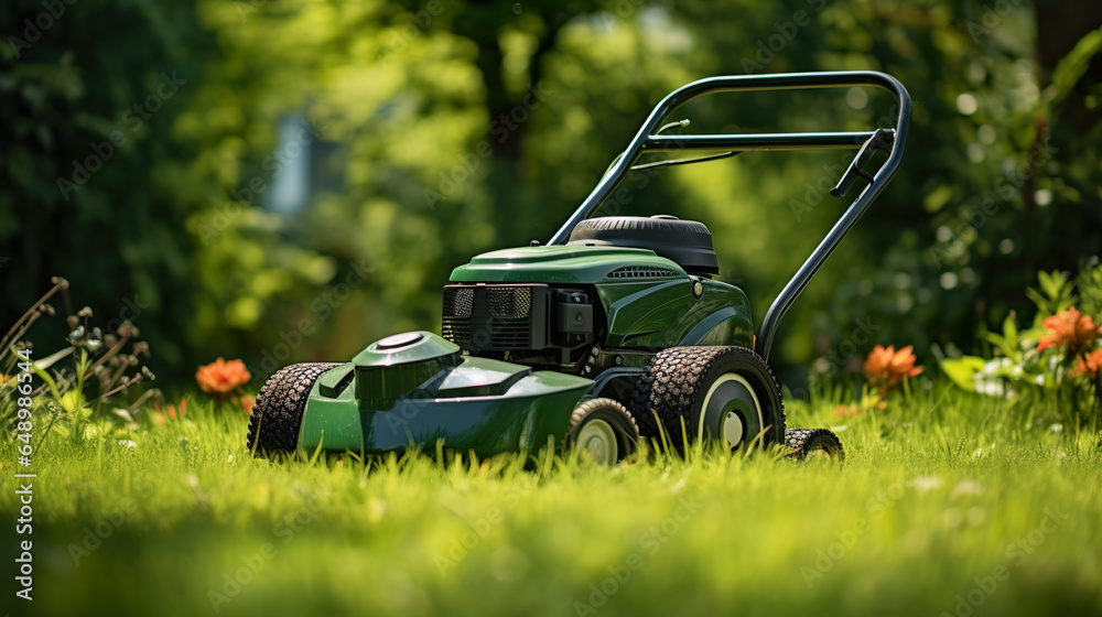 Lawn mowing in a green garden