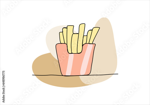 French fries one line drawing colored with pastel colors. Vector illustration.