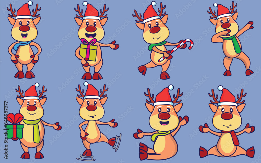 Obraz premium Cute Kawaii Set of Christmas Reindeer with Gifts and Santa Clothes Xmas Bundle