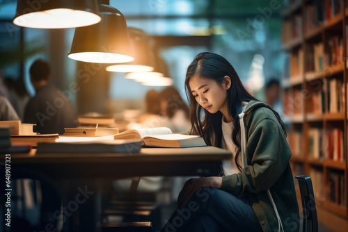 Asian Woman Library Style Backdrop Generative AI