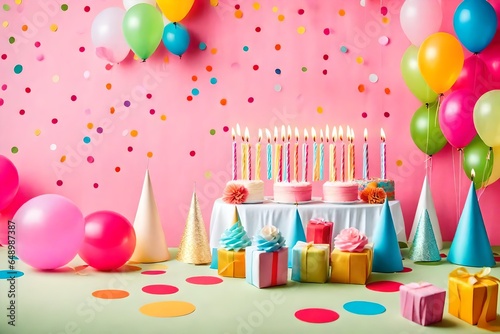 Birthday balloons and happy birthday cake with colorful candles
