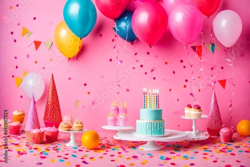 Birthday balloons and happy birthday cake with colorful candles