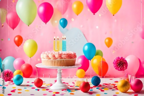 Birthday balloons and happy birthday cake with colorful candles