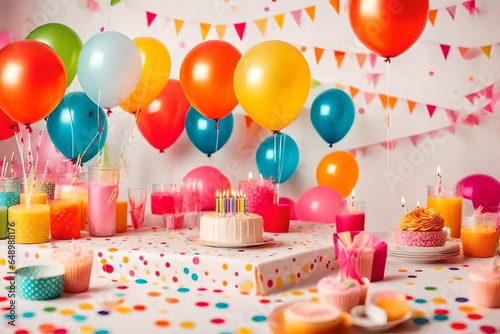Birthday balloons and happy birthday cake with colorful candles