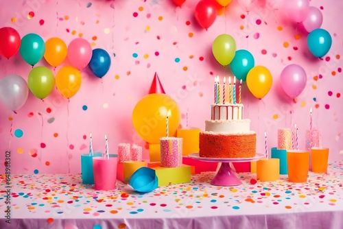 Birthday balloons and happy birthday cake with colorful candles