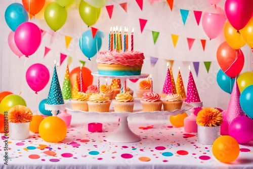 Birthday balloons and happy birthday cake with colorful candles