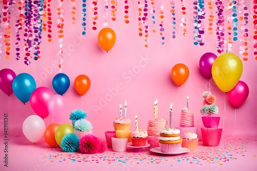 Birthday balloons and happy birthday cake with colorful candles