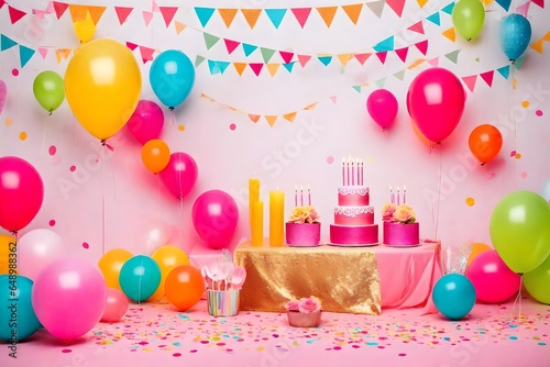 Birthday balloons and happy birthday cake with colorful candles