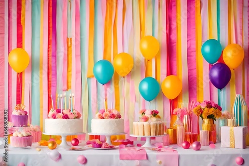 Birthday balloons and happy birthday cake with colorful candles
