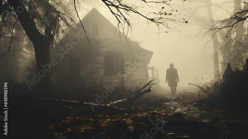 Halloween haunted house - vintage photo - faded and worn - silhouette of a scary man standing outside an abandoned house - foggy - spooky atmosphere.  