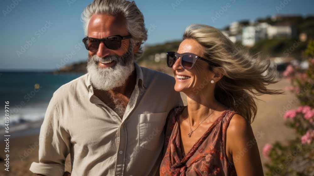 an adult couple in love enjoying a walk by the sea