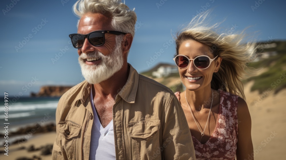 an adult couple in love enjoying a walk by the sea