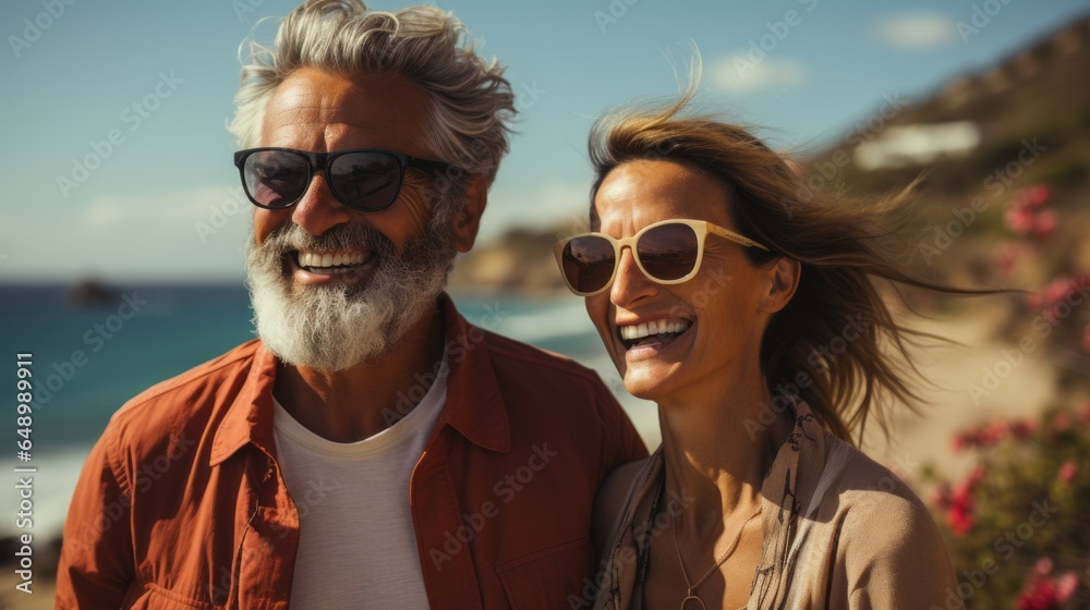 an adult couple in love enjoying a vacation by the sea an adult couple in love enjoying a vacation by the sea