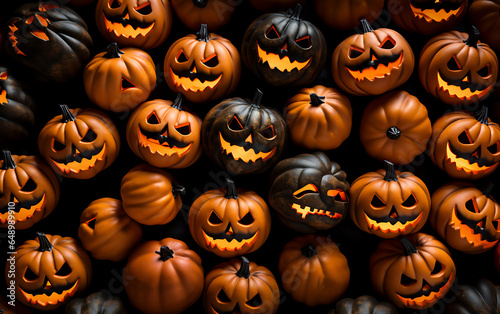 Halloween background, Pumpkin head with evil faces top view