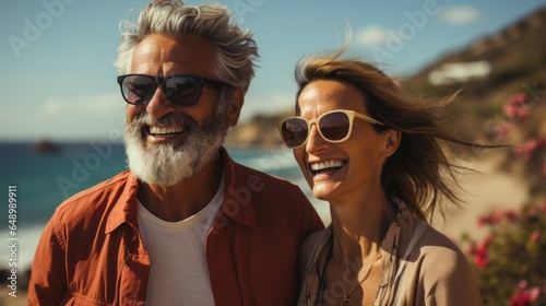 an adult couple in love enjoying a vacation by the sea