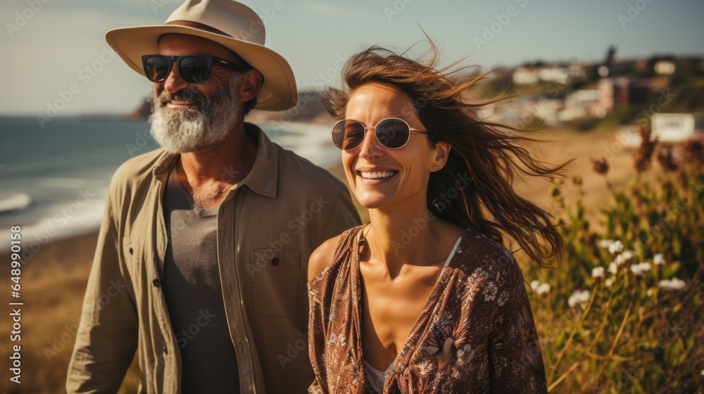 an adult couple in love enjoying a vacation by the sea an adult couple in love enjoying a vacation by the sea