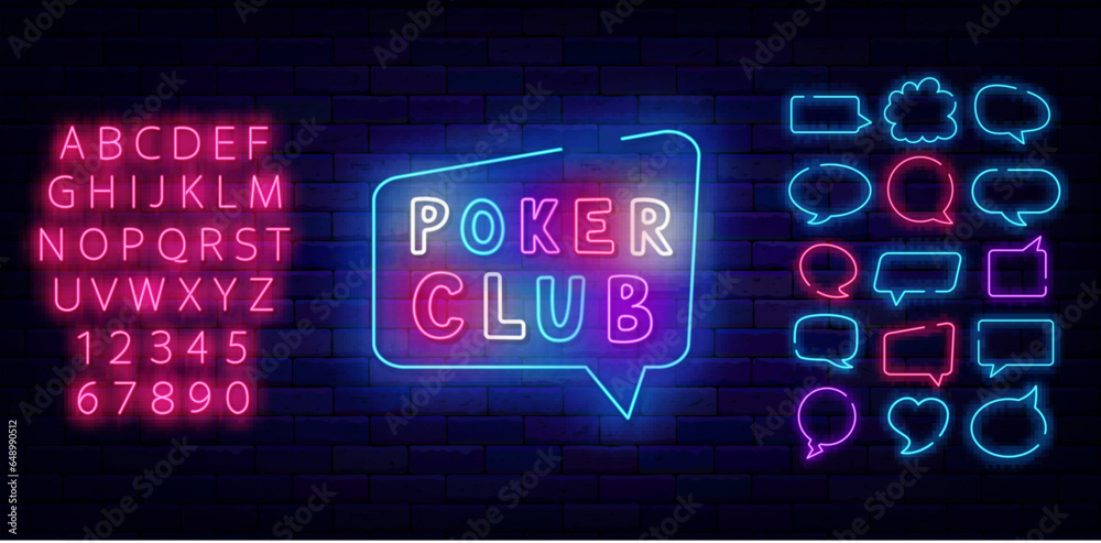 Poker club neon label. Glowing sign for casino. Think cloud frames collection. Card game. Vector stock illustration Poker club neon label. Glowing sign for casino. Think cloud frames collection. Card game. Vector stock illustration